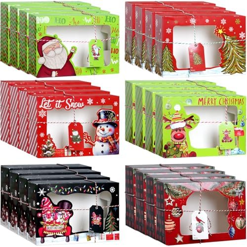 24 Pcs Christmas Cookie Boxes 8.7"x 6"x 2.7" Christmas Bakery Treat Box With Window Tag and Ribbons Goodie Candy Cookie Containers Kraft Paper Cookie Tins for Winter Holiday Xmas Party Gift Giving by Hallswl