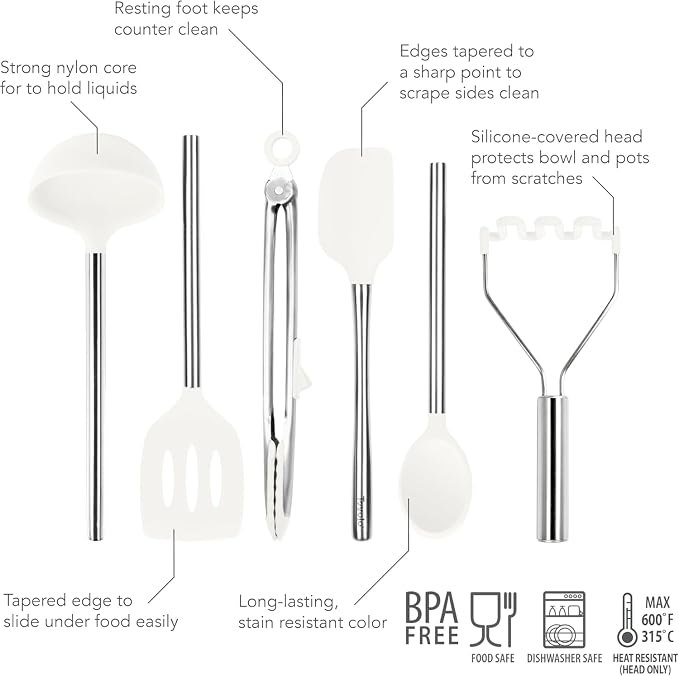 Tovolo Silicone Cooking Utensil Set of 6 Stainless Steel Handle Ladle Slotted Turner Tongs Flex Core Spatula Scraper Mixing Spoon & Potato Masher, Dishwasher Safe BPA Free Utensils, White - Image 2