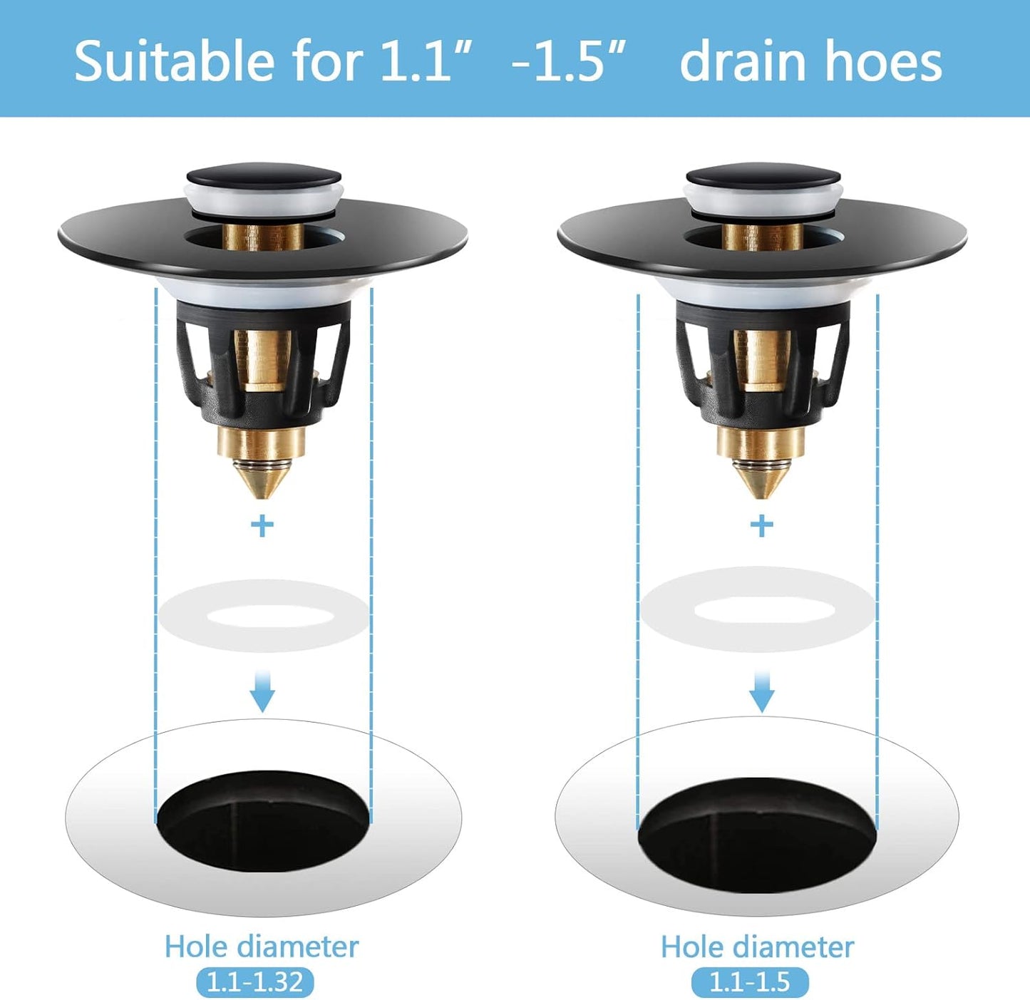 Black Bathroom Sink Stopper，Pop Up Drain Stopper for Bathroom Sink，Bathroom Sink Strainer ，Sink Plug,Universal Wash Basin Sink Stopper，Suitable for 1.1~1.5 Inch Bathroom Sink Drain Pipe (Matte Black)