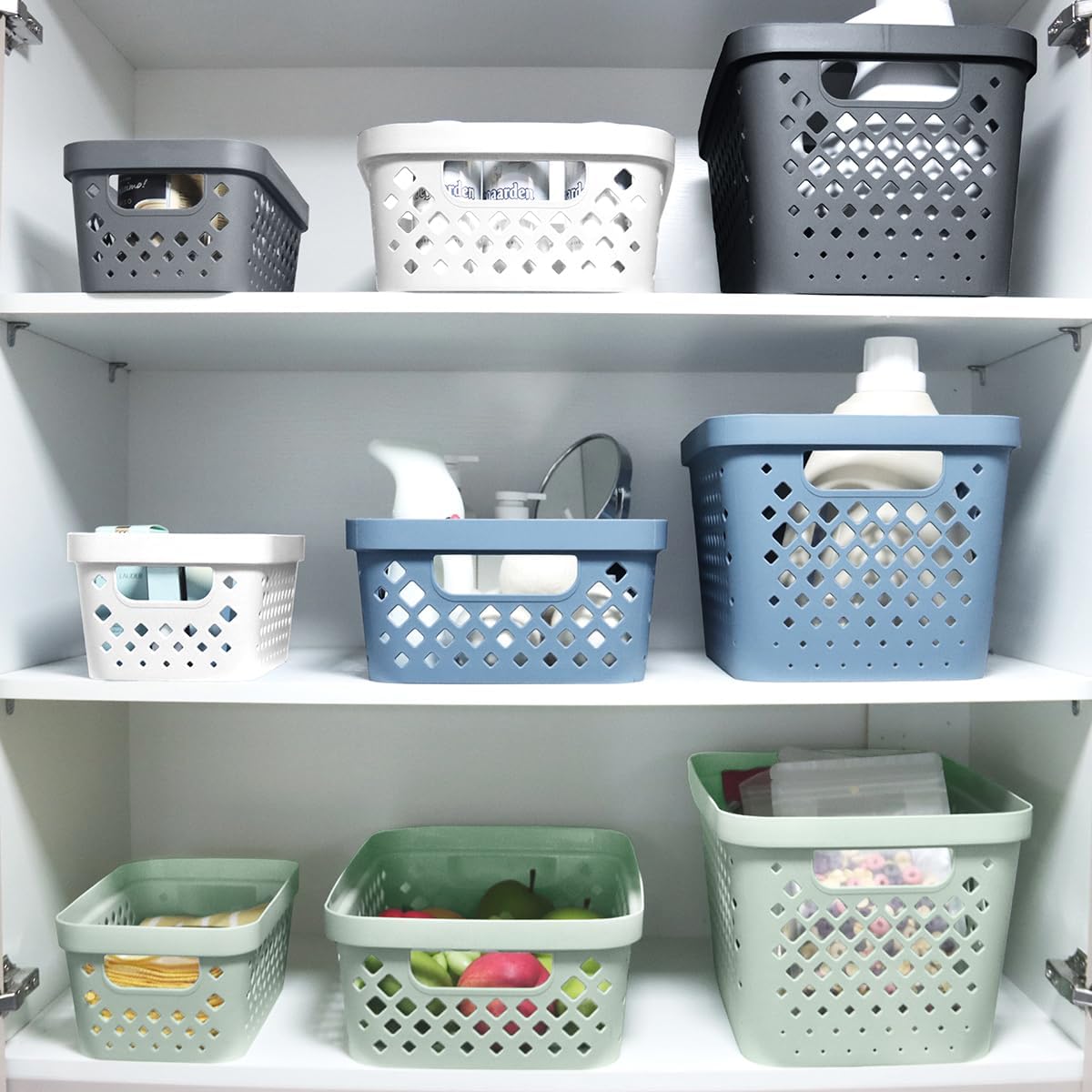 Glad Plastic Storage Basket Set, Value Pack of 6 | Open Storage Bins for Shelves, Bathroom, Pantry, Closet | Nesting Organizer Boxes with Handles, 4 Gallon, Grey