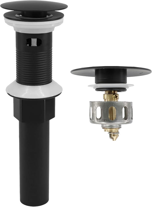 Bathroom Sink Drain,Drain Stopper Bathroom Sink with Overflow,Pop Up Drain Assembly with Detachable Strainer Basket,Built-in Anti-Clogging, Stainless Steel Nut Mattle Black
