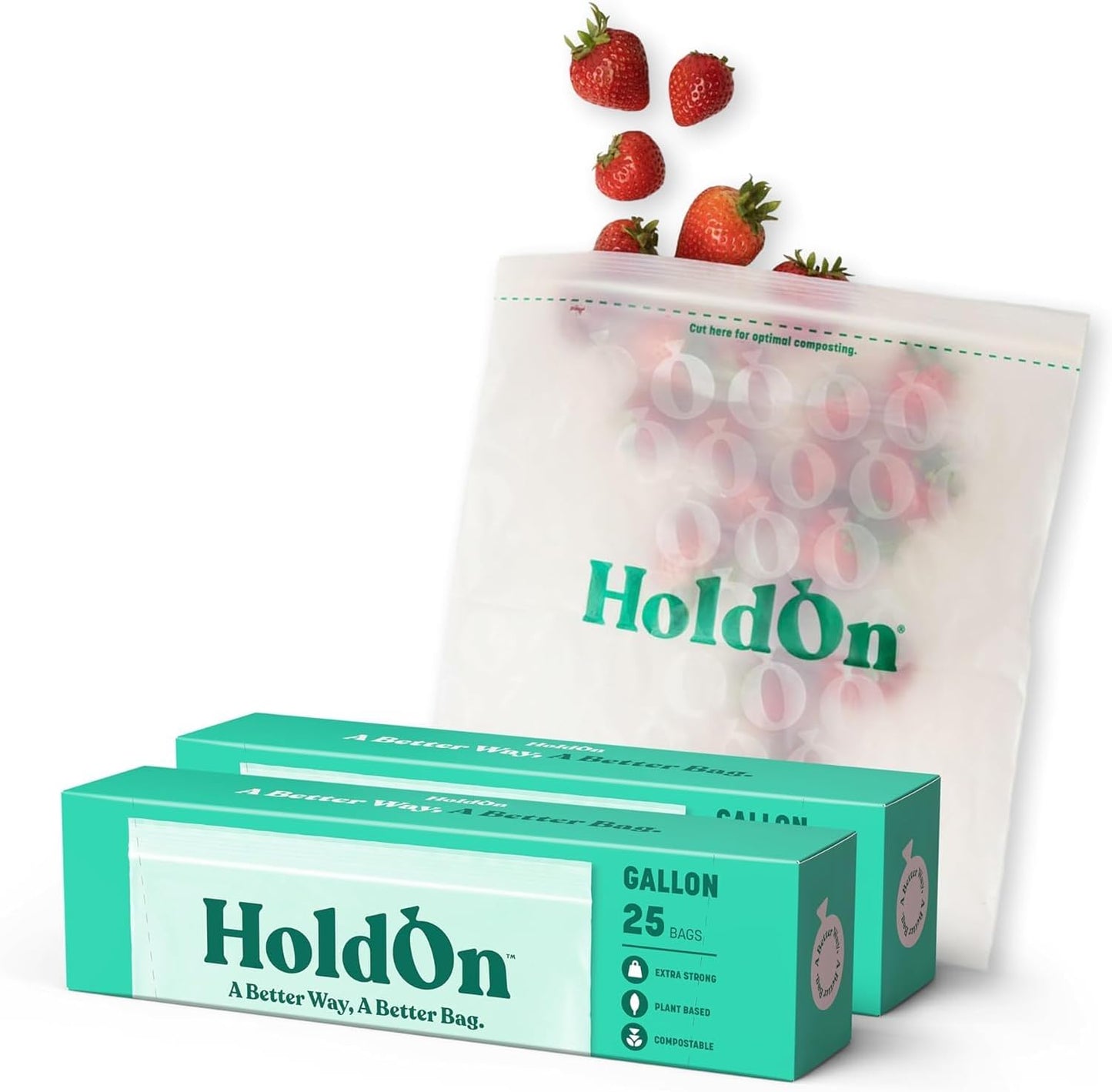 HoldOn Zipseal Gallon Bags - Compostable, PFOA-Free, BPA-Free, Food-Safe Zip Seal Food Storage Bags/Freezer-Safe Gallon Bags With Secure Seal for Home & Travel (2-pack, 50 bags total)