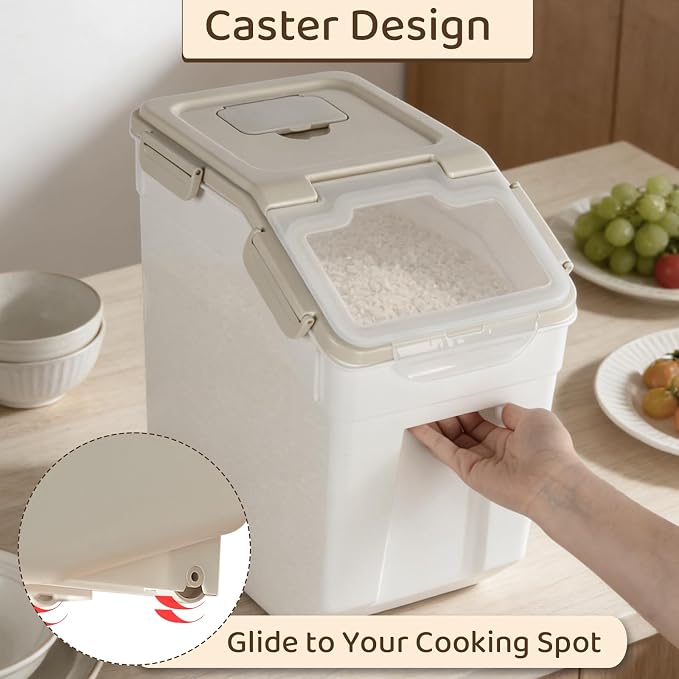 Saim 2 Pack 25lb Flour & Rice Storage Container Bin,Rice Dispenser (Grey) | BPA free plastic with seal lid, rolling wheels and measuring scoop for rice, flour, cereal and grain one-hand scooping - Image 6