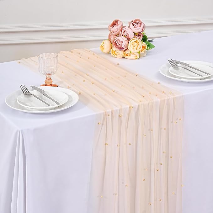 6 Pieces Pearl Tulle Table Runner 10ft Gauze Runners Champagne Desktop - Image 5