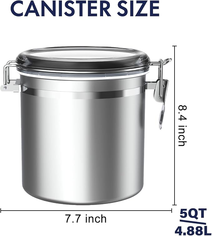 ENLOY 165oz Stainless Steel Airtight Canister for Kitchen with Clear Lid | Large Flour Coffee Bean Tea Cereal Sugar Cookie Metal Food Storage Canisters and Sturdy Locking Clamp, 7.7 x 7.7 x 8.4 Inches - Image 2