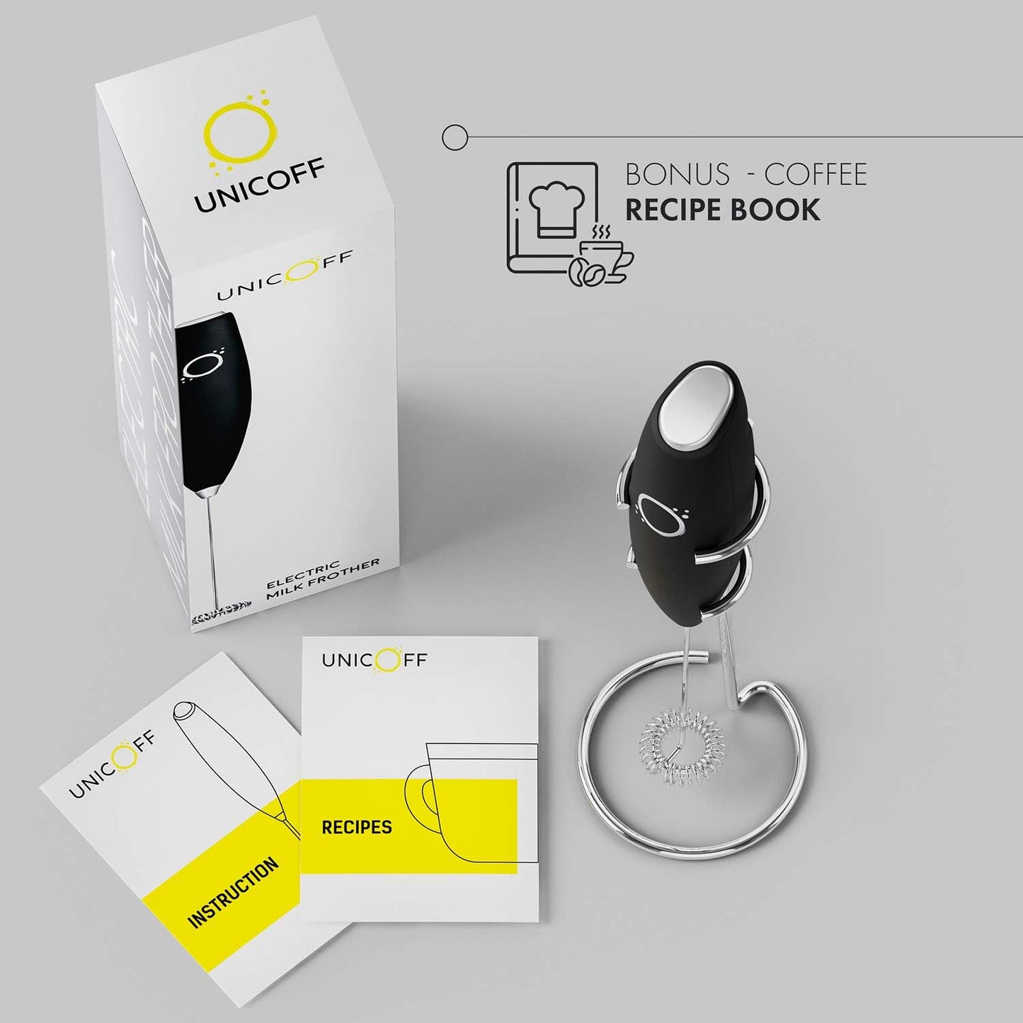 Handheld Milk Frother for Coffee - Stainless Steel Electric Drink Mixer & Matcha Whisk - Ergonomic Hand Frother With Stand & Recipes (Black)