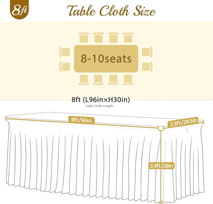 Besutolife 6 Pack Ivory Spandex Tablecloth for 8ft Rectangle Tables Fitted Table Cloth Stretch Table Covers Skirt 8ft Rectangular Tablecloths for Banquet Parties Wedding Decorations - Image 3