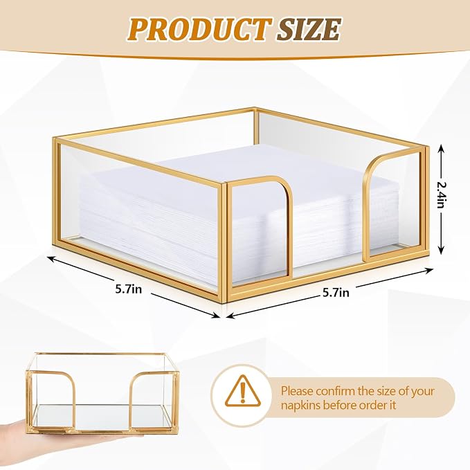 LemonRoad 2 Pcs Square Gold Napkin Holder for Table 5.7 x 5.7 Inch Decorative Cocktail Napkin Holder Glass Flat Paper Basket for Kitchen Dining Buffet Bar Counter Wedding Party Restaurant Bar Hotel - Image 3