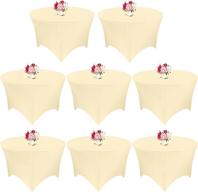8 Pack 5FT Beige Round Spandex Tablecloth 60” Round Elastic Table Cover Round Table Cloth Washable Wrinkle Resistant Fitted Stretch Table Cover for Wedding Party Birthday Banquet Bar Events by JALANCY