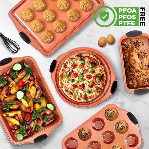 NutriChef 8-Piece Baking Pans Set - Nonstick Bakeware Set w/Silicone Handles, Includes 12 Cup Muffin, Round Cake, Pizza, Loaf & Square Pan, & Cookie Sheet - Dishwasher Safe & Easy Cleanup - Copper - Image 4
