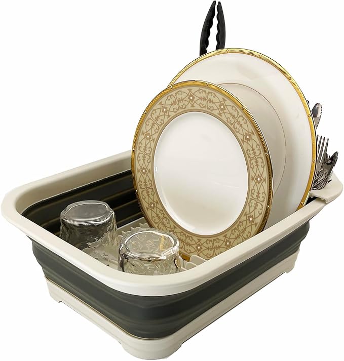 SAMMART Collapsible Dish Drainer with Drainer Board - Foldable Drying Rack Set - Portable Dinnerware Organizer - Space Saving Kitchen Storage Tray (2, Grey/Washed Black) - Image 7