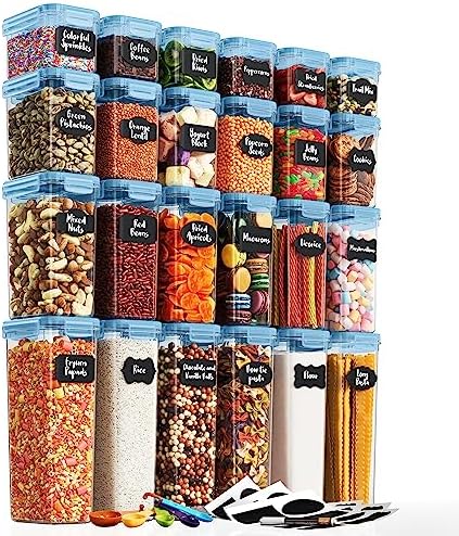 Chef's Path Airtight Food Containers with Lids (24 Pack - Blue) Kitchen Pantry Organization - BPA Free Food Storage Organizers for Cereal, Brown Sugar, Dry food - With Marker, Labels & Spoons by ChefsPath