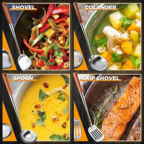 4-Piece Wok Tool Set, Stainless Steel & Wood, 17 Inch Long, Spatula, Skimmer, Soup Ladle, Slotted Spatula - Image 4