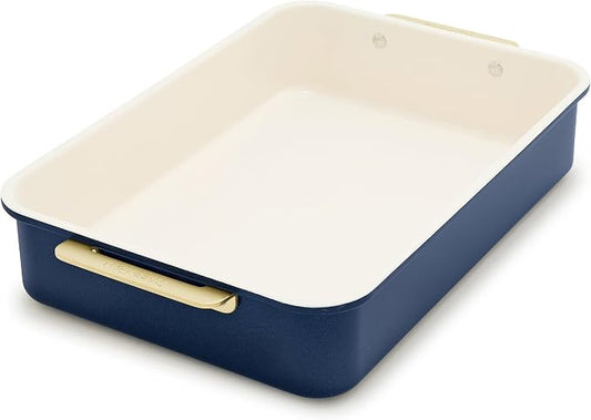 GreenPan Bakeware 13” x 9” Rectangular Cake Pan, Ceramic Nonstick Baking Pan, PFAS & BPA Free, Gold Handles, Durable Steel, Freezer to Oven Dish, Scratch Resistant, Bake & Roast Ovenware, Oxford Blue by GreenPan
