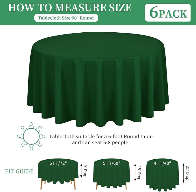 6 Pack Hunter Green Round Tablecloths, Diameter of 90 inch - Image 3