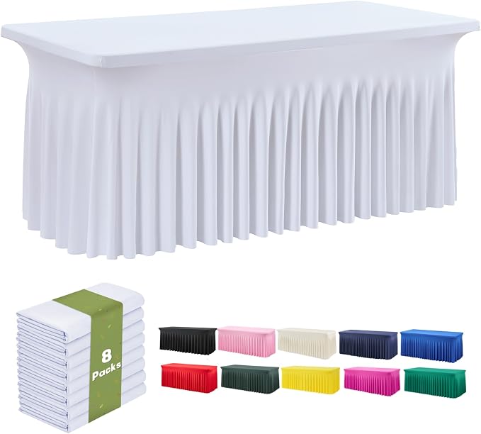 leegleri 8 Pack White Spandex Table Cloths for 6 Foot Rectangle Tables, Wrinkle Free Fitted Table Covers 6ft Stretch Tablecloths with Desk Skirt for Banquet Weddings Parties by LeegleriTableSkirt