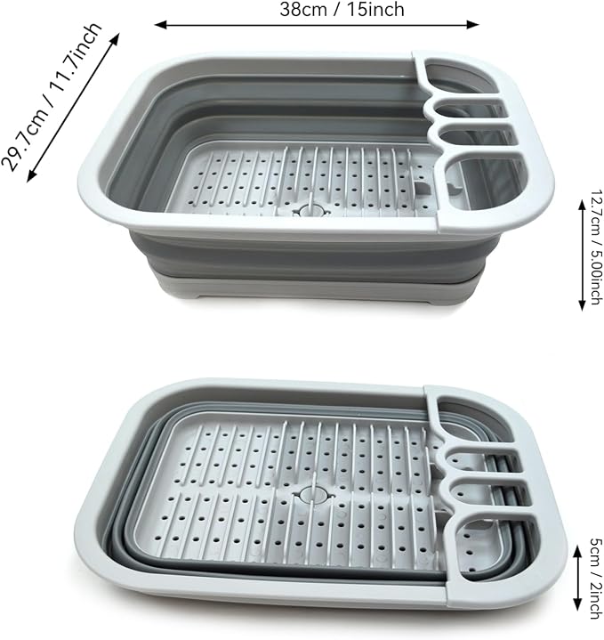 SAMMART Set of 2 Collapsible Dish Drainer with Drainer Board - Foldable Drying Rack Set - Portable Dinnerware Organizer - Space Saving Kitchen Storage Tray (2, Grey) - Image 3
