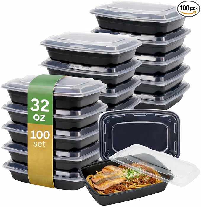 Meal Prep Containers [100 Pack] Rectangular Food Storage Containers with Lids, Bento Box, BPA Free, Stackable, Microwave/Dishwasher/Freezer Safe To Go Food Containers for Meal Prep (32oz) by ProTakeOut