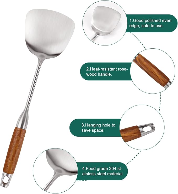 304 Stainless Steel Kitchen Utensils Set with Wooden Handle, 11 Pcs Long Heat Resistant Metal Cooking Utensils Set, Stainless Steel Cooking Utensils Set with Spatula, Turner, Solid and Slotted Spoon - Image 4