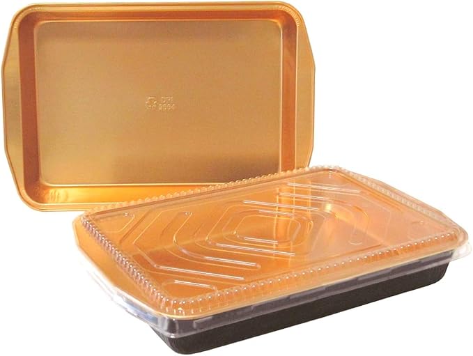 Extra Large 116 oz. (7 lb.) Black & Gold Aluminum Foil Smooth-Wall Pan w/Clear Dome Lid - For Meal Prep Entree Dinners Microwaveable Heavy Duty (Pack of 5 Pans with Lids) by PACTOGO