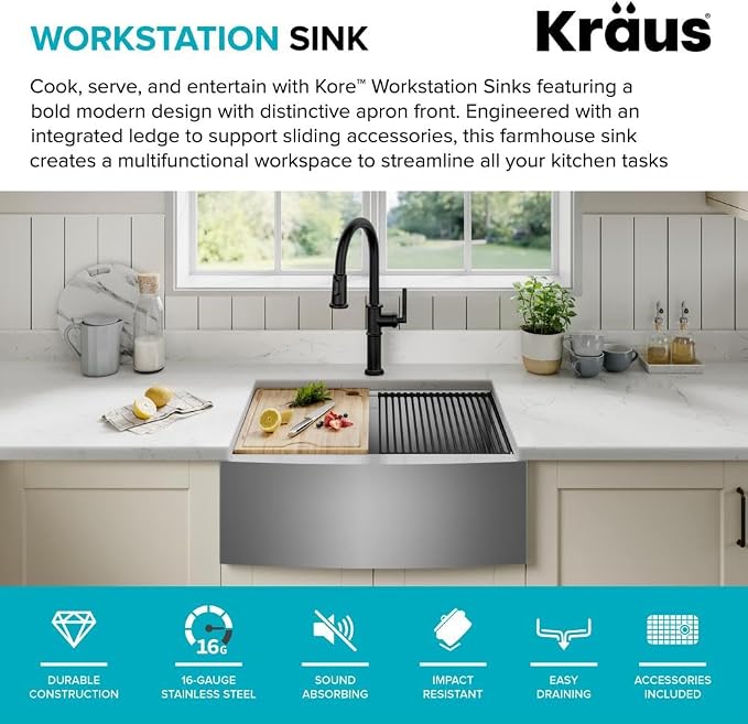 KRAUS Kore 24-Inch Farmhouse Workstation 16 Gauge Single Bowl Stainless Steel Kitchen Sink with Accessories, KWF210-24 - Image 3