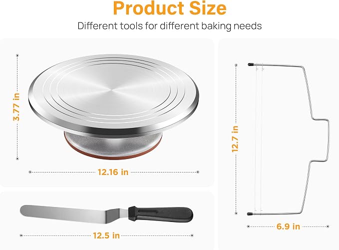 Kootek 22 Aluminum Cake Stand Turntable Set for Decorating Baking Kit, 12" | Beginner-friendly, Baking Supplies Tools with Cake Stand Turntable for Decorating and Display, 3 Icing Scrapers, Cake Leveler - Image 2