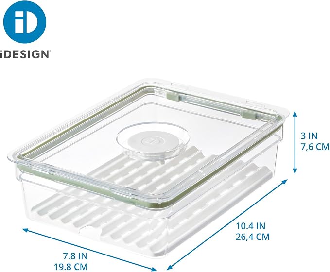 iDesign Large Fridge Produce Bin, Clear/White | Removable Drainage Tray, With Lid - Image 4