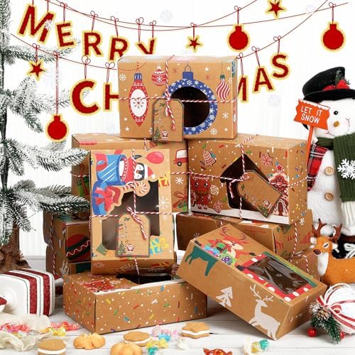 Zhanmai 64 Pcs Christmas Treat Boxes with Window Holiday Kraft Bakery Christmas Cookie Gift Boxes Xmas Pastry Food Containers with Ribbons DIY Tags for Party Favor Gift Giving(Rustic) - Image 5