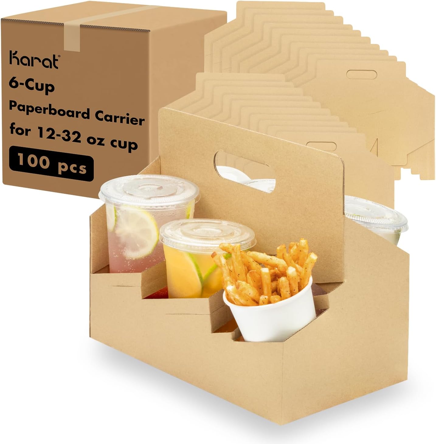 Karat [100ct Drink Carrier with Handle - Sturdy Paperboard Kraft Coffee Cup Carrier for Hot/Cold Beverages, Fits 10-32 oz Cups - Eco-Friendly, Disposable To-Go Drink Holder (6-Cup)