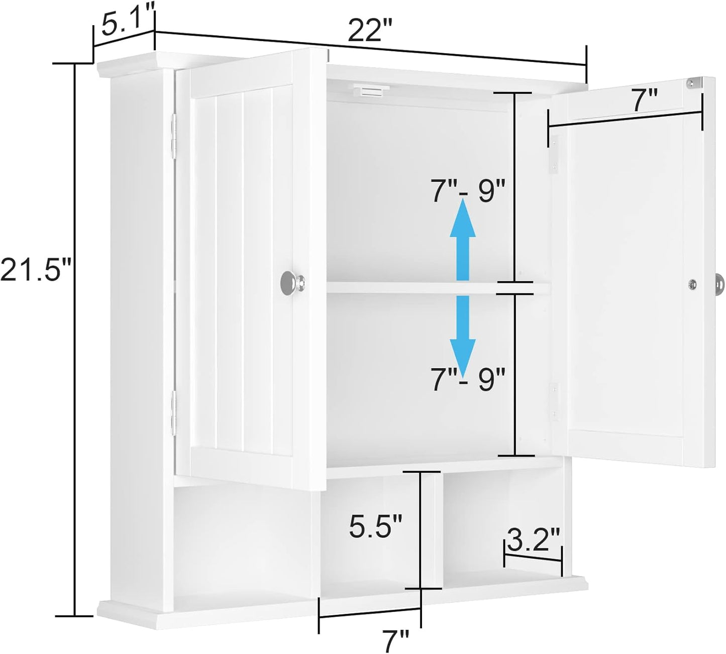 ChooChoo Bathroom Cabinet Wall Mounted 2-Door with 3 Open Shelves, Wooden Medicine Cabinets with Adjustable Shelf, Space Saver Storage Cabinets Over The Toilet for Bathroom&Living Room, White