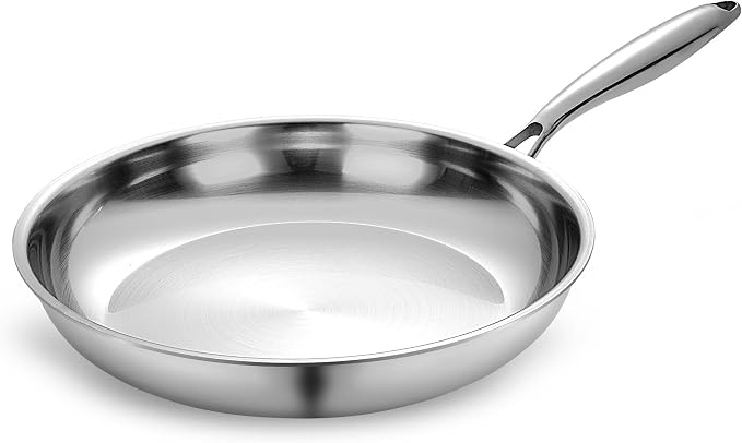 10 Inch Tri-Ply Clad Stainless Steel Frying Pan, Stainless Steel Fry Pan, Stainless Skillet, Non-Toxic, Multiclad, Induction Oven Compatible, Dishwasher Safe by SuperCook