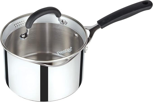 Prestige Made To Last Stainless Steel Saucepan with Lid 18cm - Saucepan with Straining Lid, Measurement Guide & Easy Grip Silicone Handles, Induction Suitable, Dishwasher Safe Cookware by Prestige