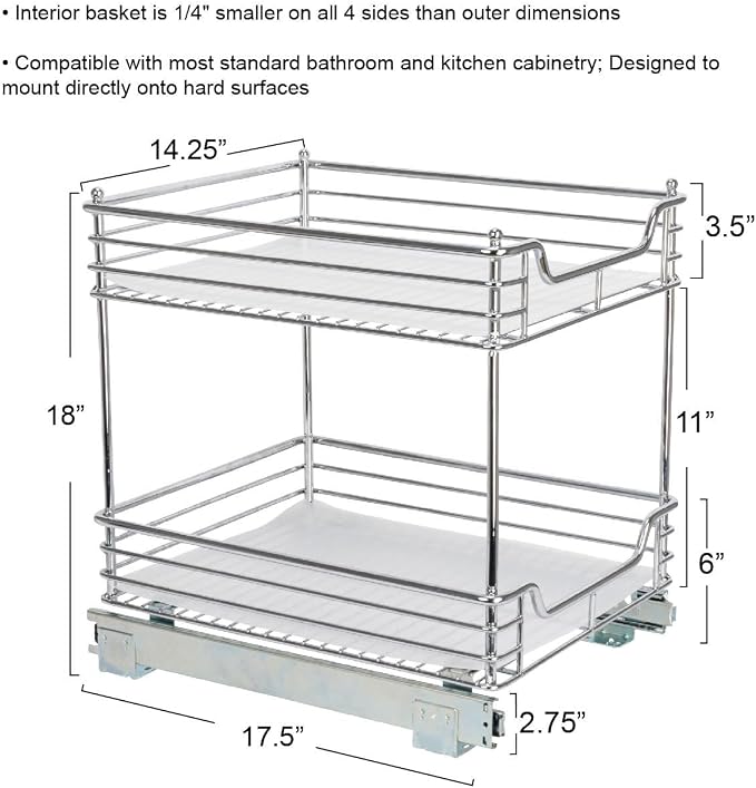 Household Essentials Glidez Chrome-Plated Steel Pull-Out/Slide-Out Storage Organizer with Plastic Liners for Under Cabinet Use - 2-Tier Design - Fits Standard Size Cabinet or Shelf, Chrome - Image 4