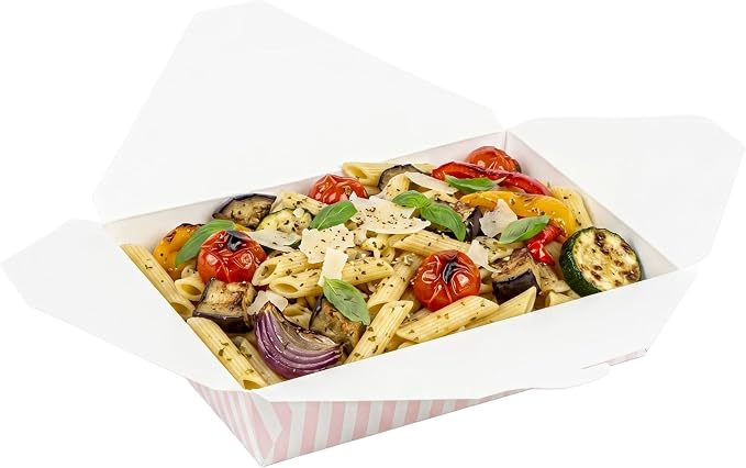 Restaurantware-Bio Tek 8.5 x 6.2 x 1.9 Inch Food Containers, 200 Durable Takeaway Boxes - Disposable, Striped, Pink And White Paper 49 Ounce Takeout Boxes, Rectangle, For Takeouts And Delivery - Image 6