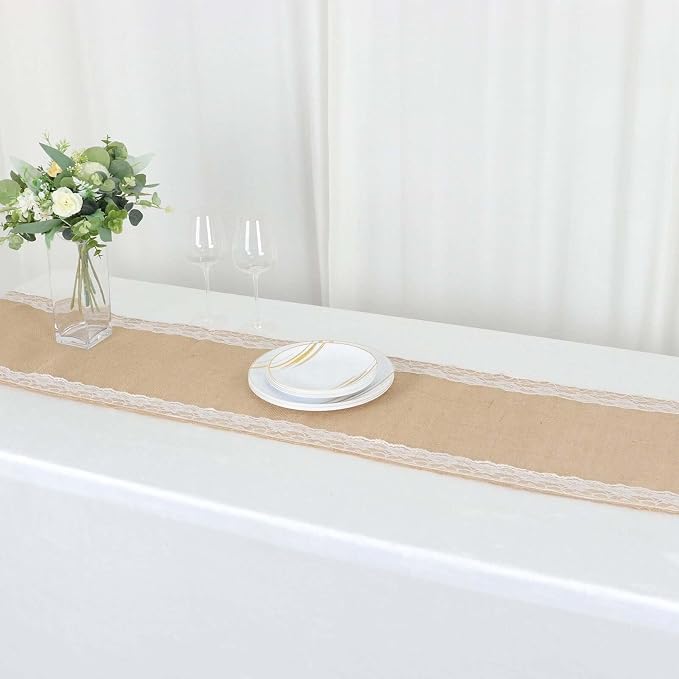 Efavormart 14"X104" Natural Jute Burlap Table Runner with White Lace Trim Edges, Boho Chic Rustic Decor - Image 7