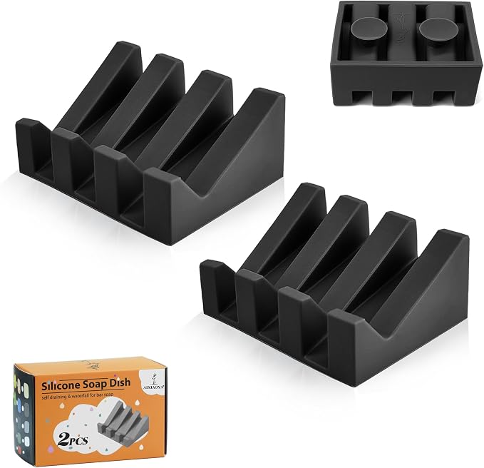 2 Pack Silicone Soap Saver with Strong Suction Cups, Self Draining Bar Soap Rest for Shower & Kitchen, Non-Slip Waterfall Dish Keeps Soap Dry, Easy Clean & Hygienic (Black) by AIXIAOYA