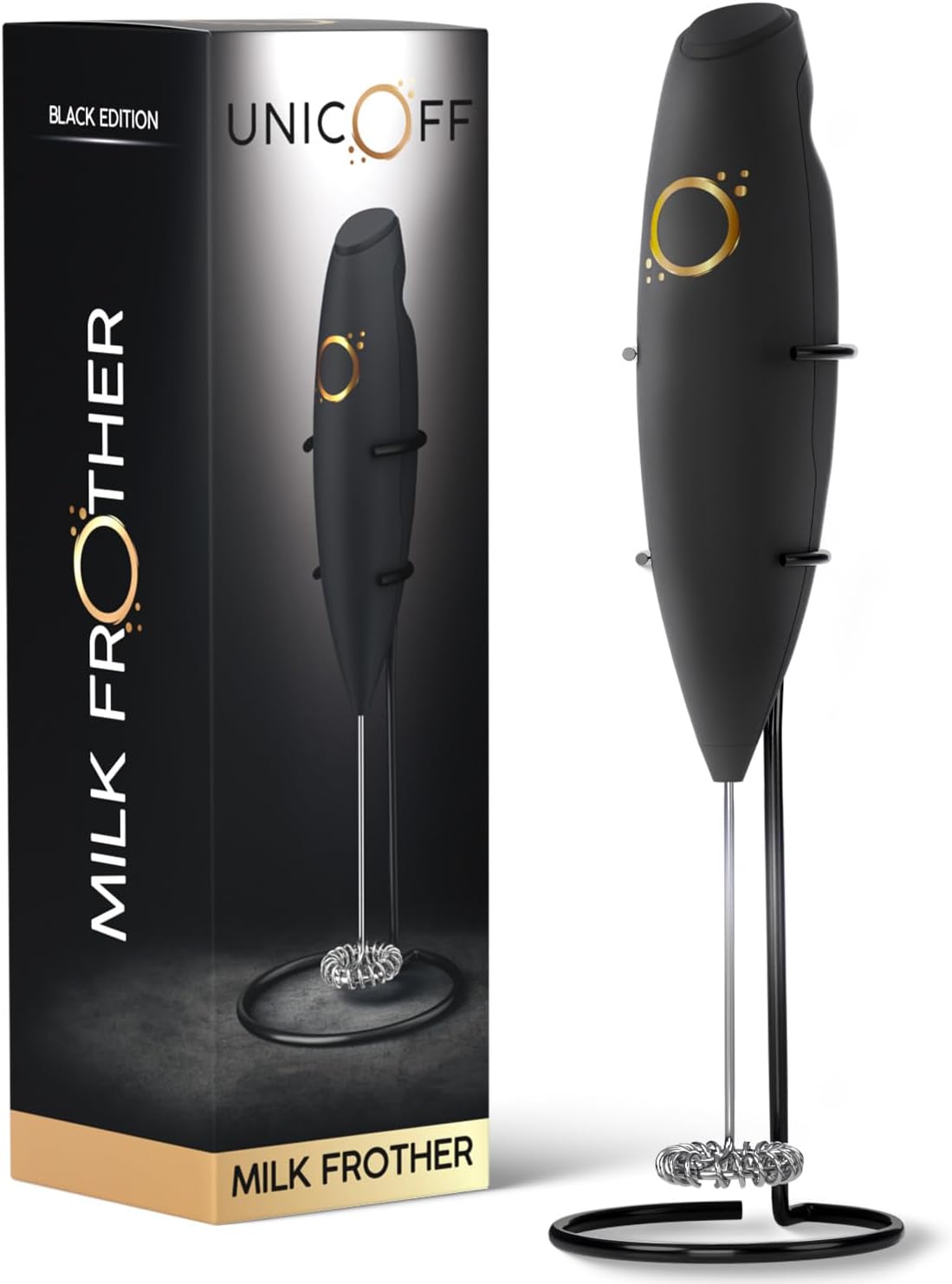 Milk Frother Matte Black - Coffee Frother Handheld with Electric Whisk - 19000 rpm - Book Recipes and Stainless Steel Stand Included - Hand Mixer Electric (Matte Black Onyx)