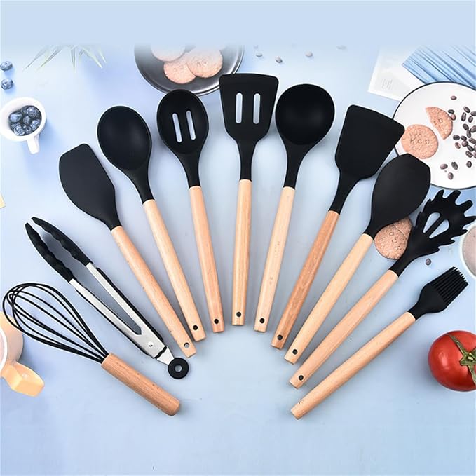 19 Pieces Kitchen Utensil and Knife Set with Storage, with 11 Piece Silicone Cooking Utensils Set 5 ieces Sharp Stainless Steel Chef Knives Scissors Whisk Tongs and Cutting Board, Black - Image 6