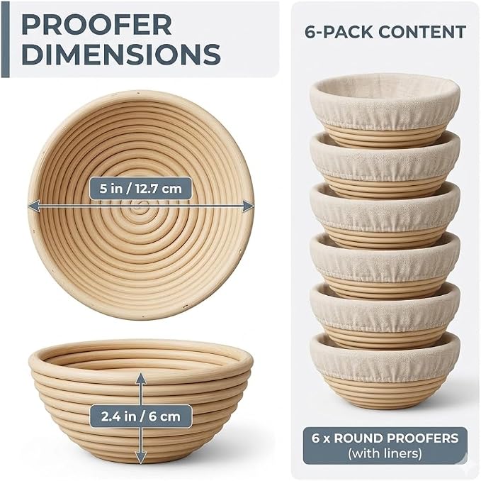 6 Pack Mini Round Banneton Proofing Basket Set 5 Inch, Natural Rattan Small Sourdough Bread Baskets with Linen Liners, Dough Baking Bowls for Professional & Home Bakers - Image 2