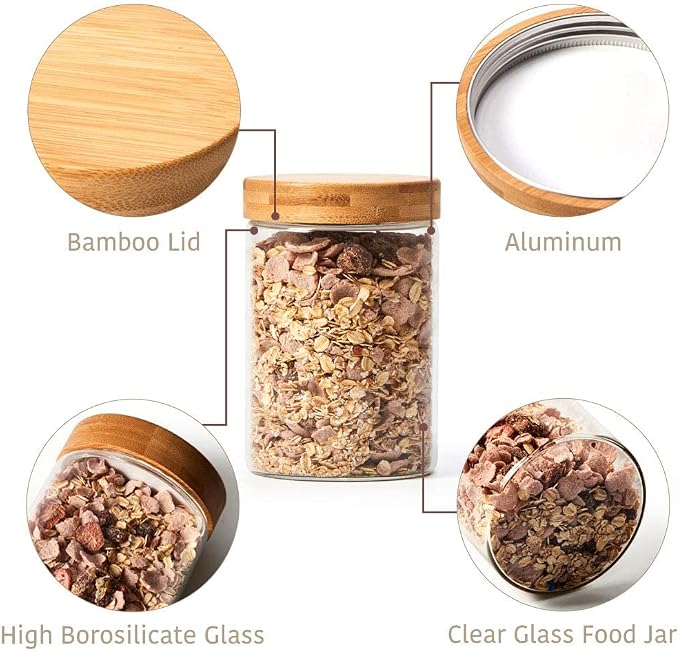 EZOWare Set of 4 Airtight Glass Jars, 46 Fl oz Large Storage Clear Canister Container Set with Bamboo Lid for for Storing Candy, Cookie, Rice, Sugar, Flour, Spices, Nuts, Coffee, Pasta - Image 3
