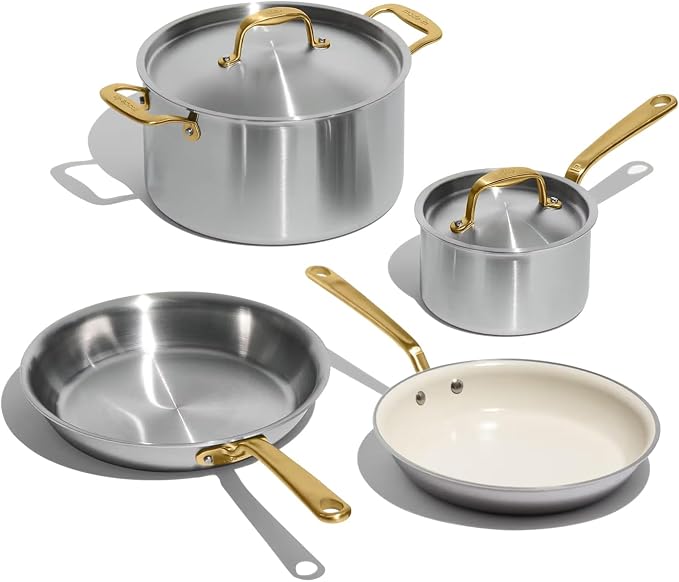 Made In Cookware - 6 Pc Stainless Steel Cookware Set (Antique Brass Handle) - 5 ply Clad - Includes Frying Pans, Saucepan, and Stock Pot - Professional Grade - Crafted in Italy - Induction Compatible by Unknown