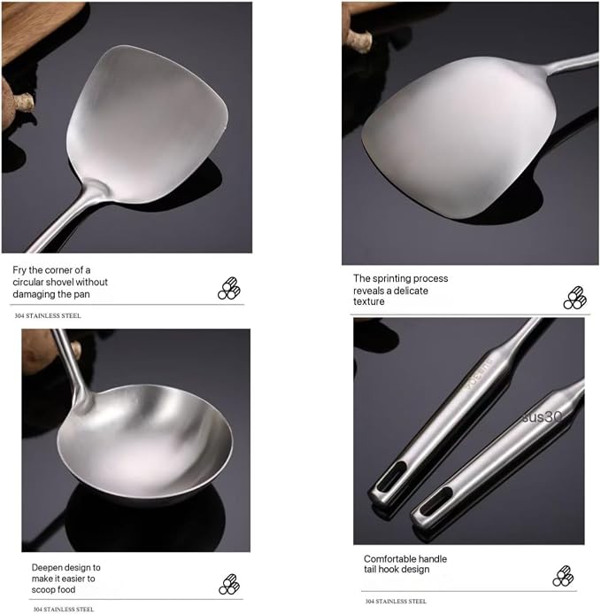 Premium 7-Piece Gold Kitchen Utensil Set with Stand, Stainless Steel Cooking Tools- Dishwasher Safe Ladle, Spoon, Spatula, Pasta Fork, Luxury Brass Kitchen Accessories for Home Chefs (silvery) - Image 3