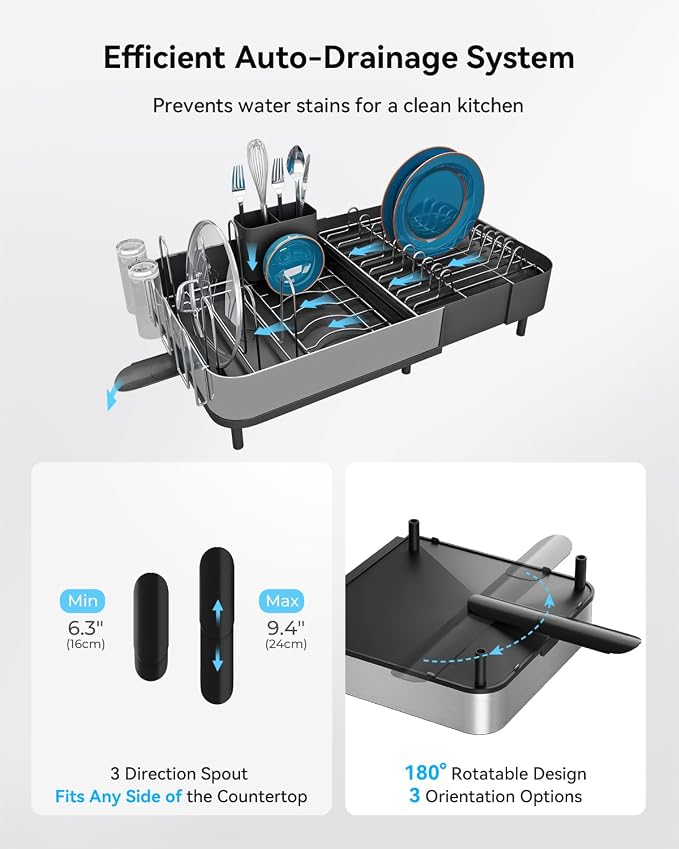 SUNLY Expandable Dish Drying Rack, Versatile Brackets for Pots & Pans, Space Saving Kitchen Drying Rack, Dish Racks for Kitchen Counter, Stainless Steel Dish Drainers with Extendable Spout, Black - Image 4