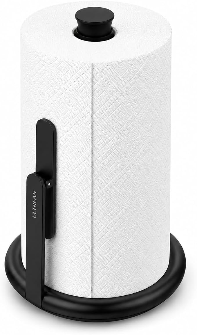 Ultrean Paper Towel Holder Countertop, Freestanding Paper Towel Dispenser with Spring-Loaded Arm for One-Handed Tear, Weighted Non-Slip Base, Stainless Steel for Kitchen, Black by Ultrean