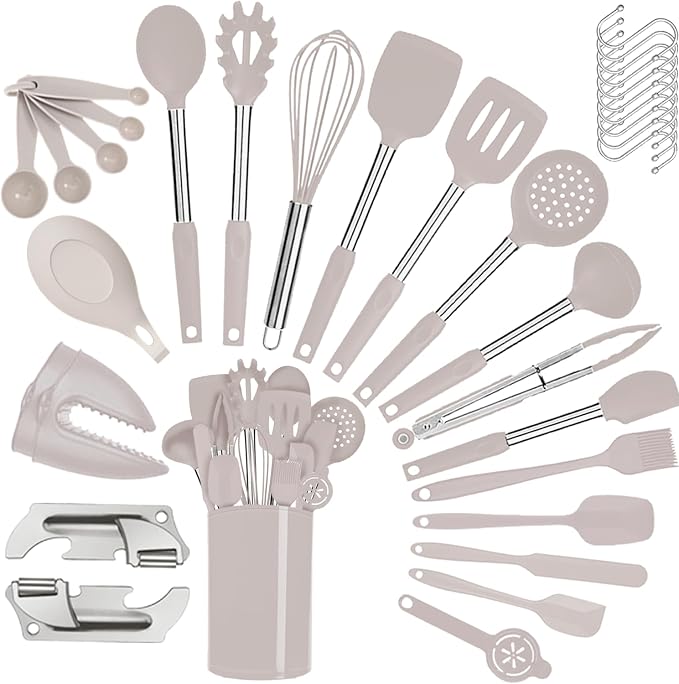 Silicone Kitchen Cooking Utensils Set with Stainless Steel Handle, Spatula Set Utensil Set, Cooking Utensil Set,Kitchen Tools Gadgets for Nonstick Cookware (35, Khaki) - Image 6