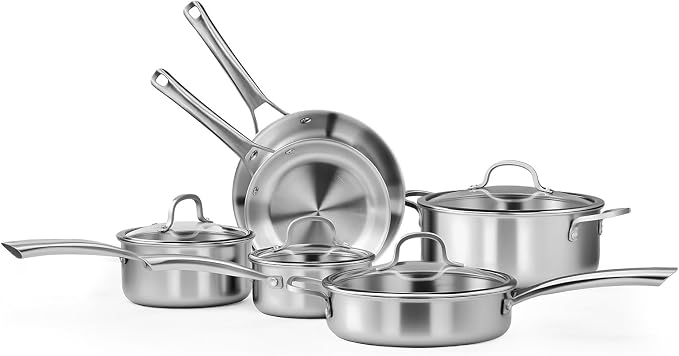 VINGLI 10 Pcs Cookware Set, Stainless Steel Pots and Pans Set with Lids, Non-Toxic Saute Sauce Pot, Soup Pot, Frying Pan, PFOA & PTFE Free, Compatible for All Cooktops(10 Cookware Set) by VINGLI
