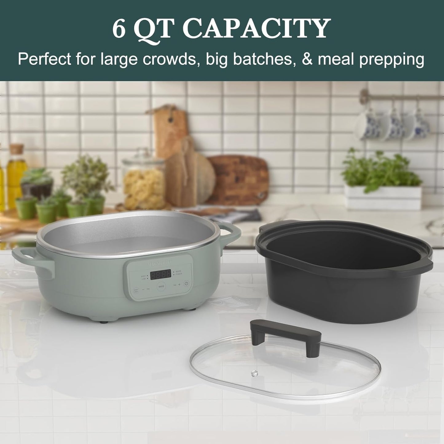 6 Quart Programmable Slow Cooker Removable Healthy Nonstick Crock Pot - Small Kitchen Appliance for Family Dinners - Serves 6+ People - Heat Settings: Keep Warm Olive Olive