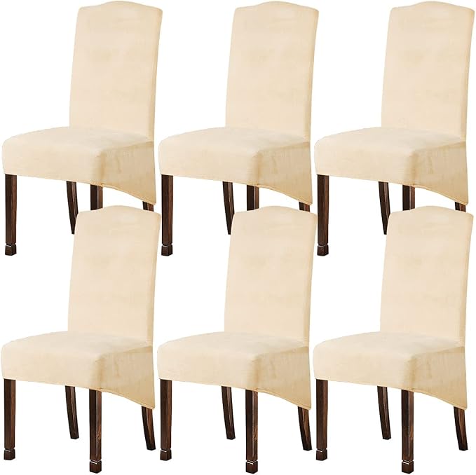 Velvet Plush XL Dining Chair Covers, Stretch Chaircover, Spandex High Chairs Protector Covers Seat Slipcover with Elastic Band for Dining Chairs (Cream, Set of 6) by KELUINA