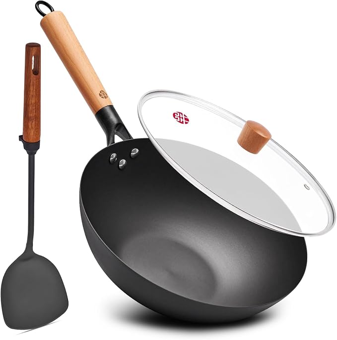 WANGYUANJI 11.8" High Purity Iron Wok Pan,Flat Bottom Stir Fry Pan for Electric,Induction & Gas Stoves,No Chemical Coating Carbon Steel Alternative,Traditional Hand-Hammered Skillet for Cooking by Home