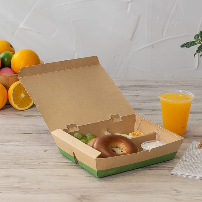 Restaurantware-Eco Tek 50.7 Ounce To Go Boxes, 100 Bento Boxes - 3 Compartments, Tab Lock Closure, Kraft and Green Paper Take Out Box, PLA Lining, For Restaurants or Parties - Image 3